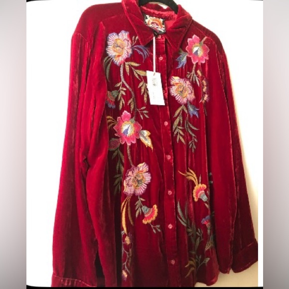 Johnny Was Burgundy Velvet Oversized Floral Blouse - Picture 4 of 7